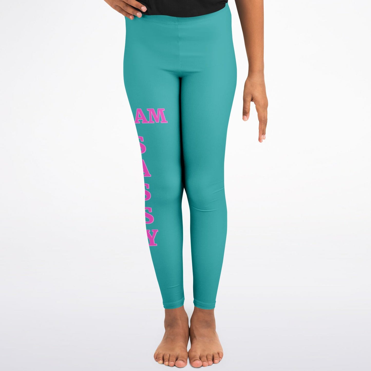 Team Sassy Youth Leggings-Teal and Bright Pink Leg