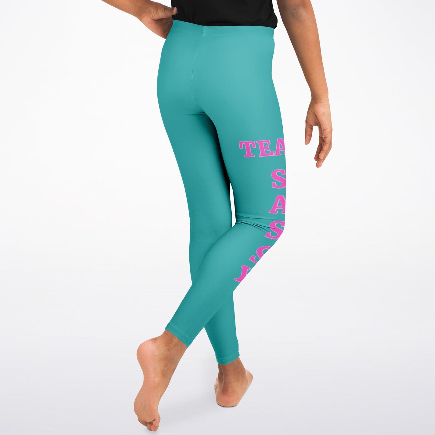 Team Sassy Youth Leggings-Teal and Bright Pink Leg