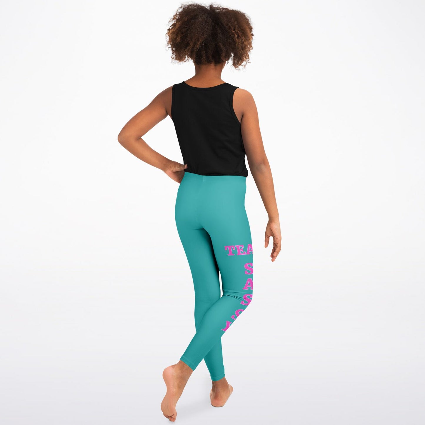 Team Sassy Youth Leggings-Teal and Bright Pink Leg