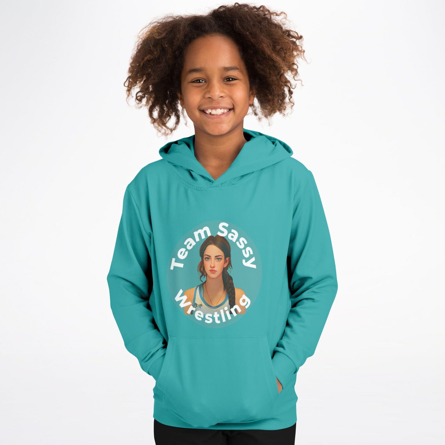 Athletic Kids Hoodie - Teal with Blue Logo